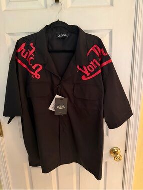 Von Dutch Originals XXL Black Red Logo Short Sleeve Button Up Shirt NWT